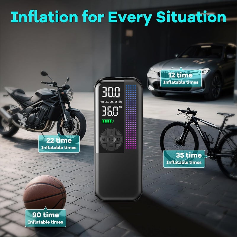 WEOLULI Tire Inflator Portable Air Compressor, 150 PSI Cordless Air Pump, Dual Power 6000mAh, 12V DC Car Plug, Fast Inflation 24L/Min, Auto Shut-Off, LED Light, 4 Preset Modes for Car, Bike, Motorcycle, Balls - Image 4